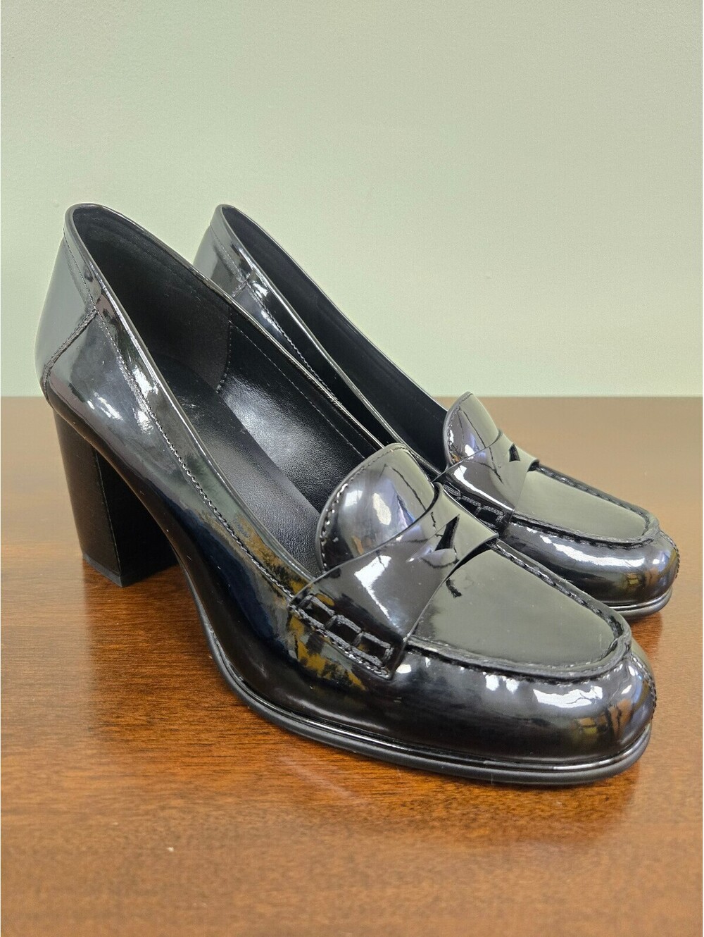 Michael Michael Kors black patent block heel loafers